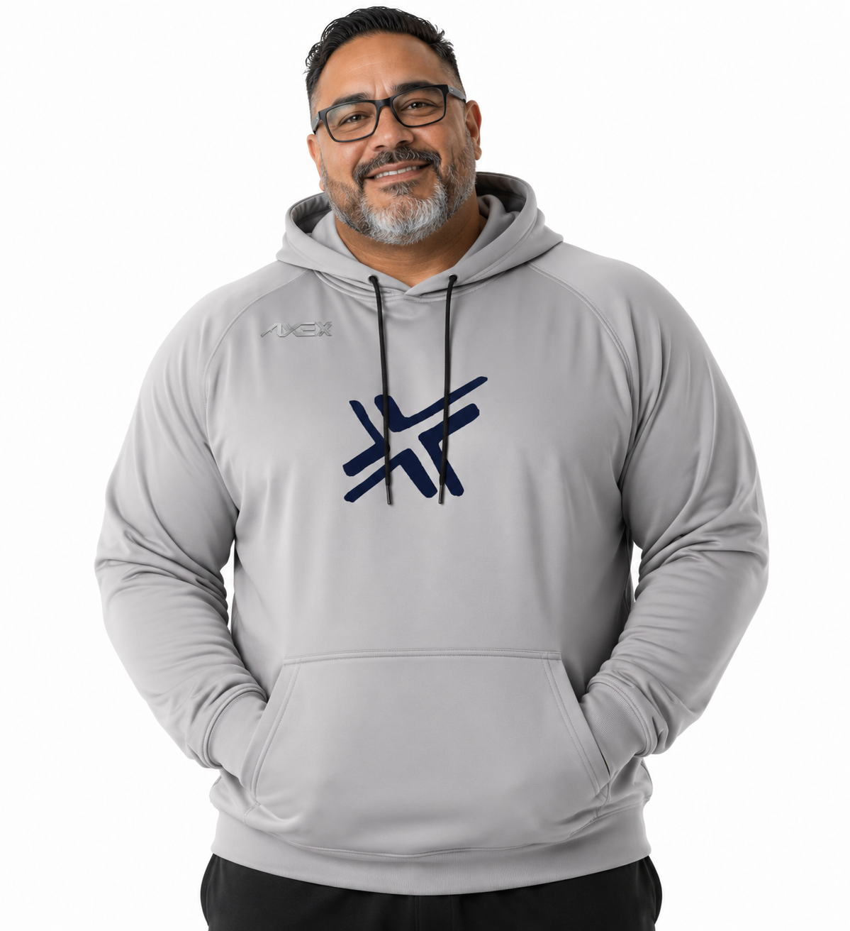 A man wearing a light gray FXA pullover hoodie with a dark navy blue logo on the chest, set against a plain white background.