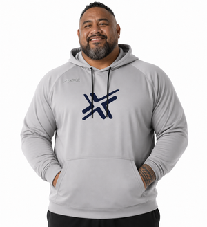 A smiling man wearing a light gray pullover hoodie with a dark navy blue stylized logo on the chest and a small AXA logo on the right shoulder, set against a plain white background.