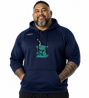 A man wearing a navy blue AXE1 athletic hoodie with a teal graphic on the chest, set against a plain white background.