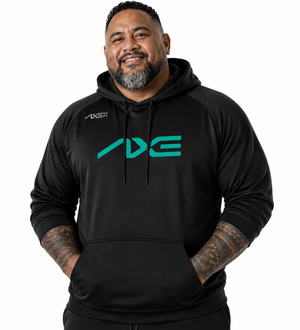 A man wearing a black athletic hoodie with a teal 'ADE' logo on the chest and a smaller matching logo on the right shoulder, photographed against a plain white background.