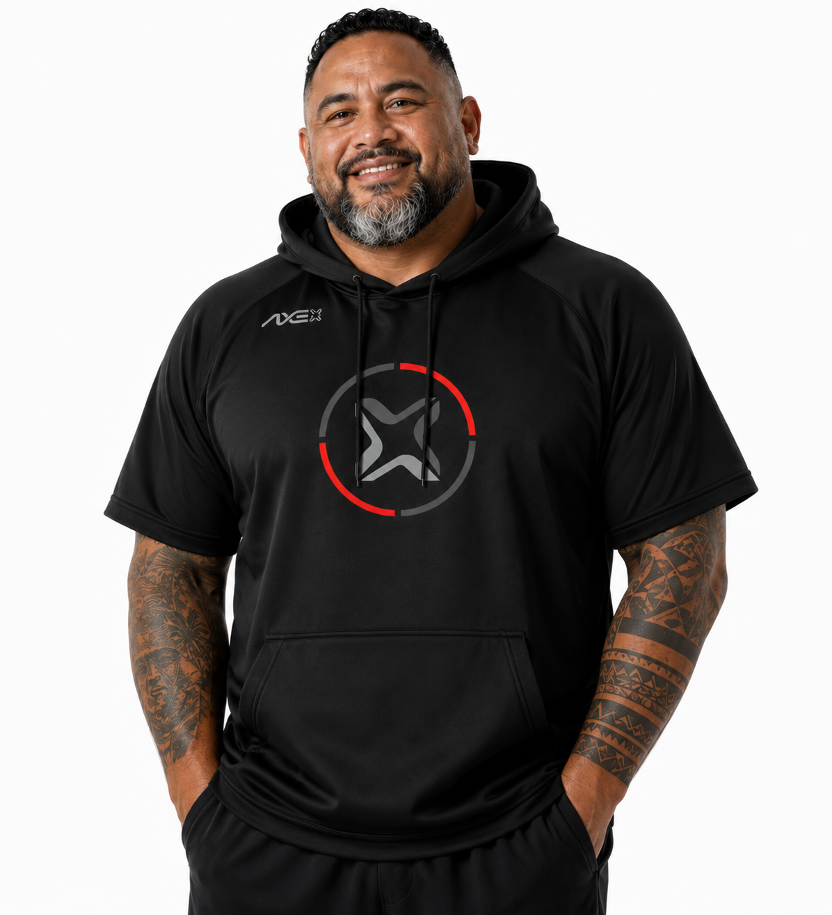 A man wearing a black short-sleeve athletic hoodie with a circular logo on the chest, featuring a red accent ring and white brand text, set against a plain white background.
