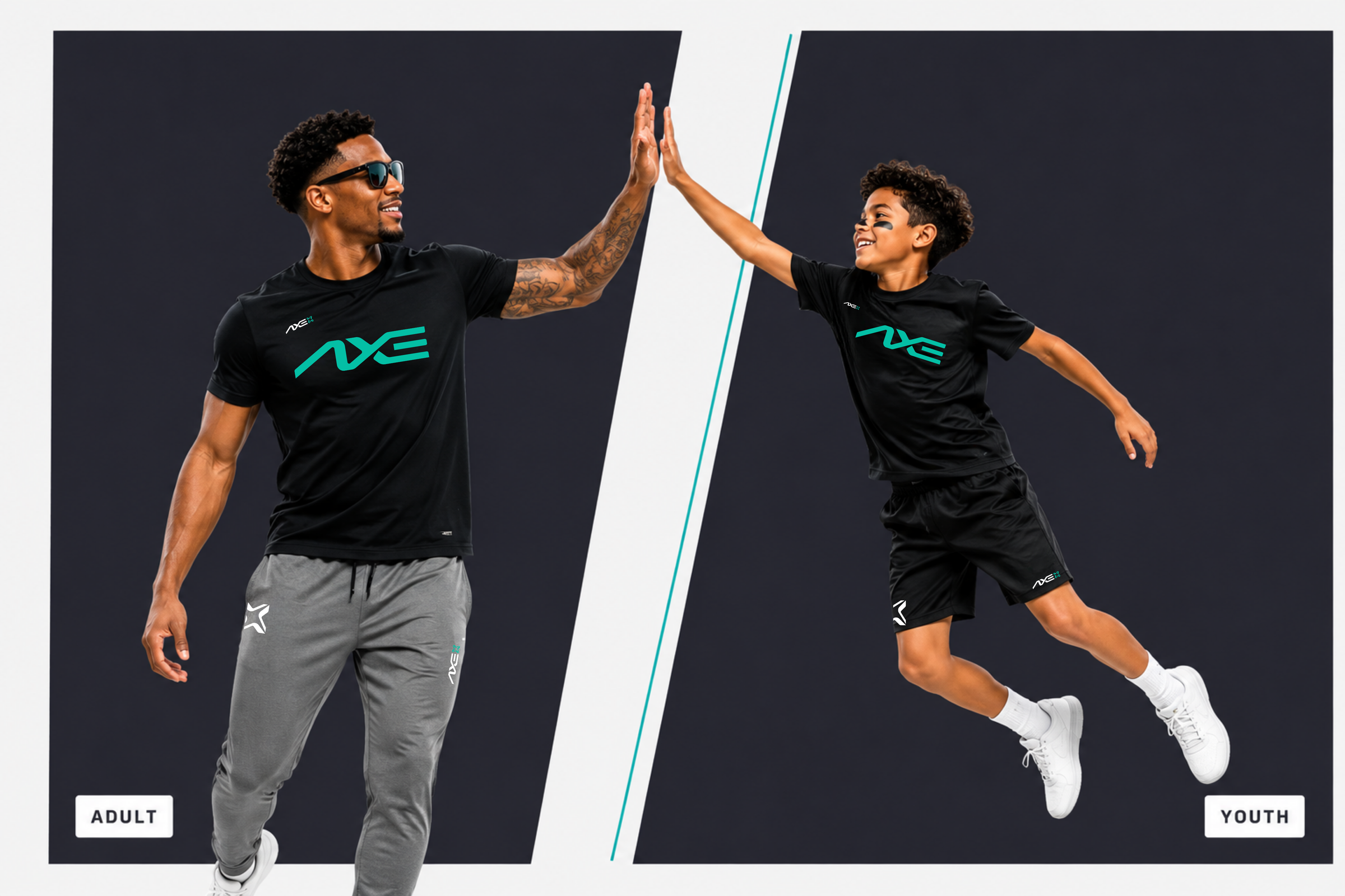 A split comparison image showing an adult and a youth model wearing matching black athletic t-shirts with a teal 'AXE' logo. The adult is wearing gray sweatpants and high-top sneakers, while the youth is wearing black shorts and white sneakers.