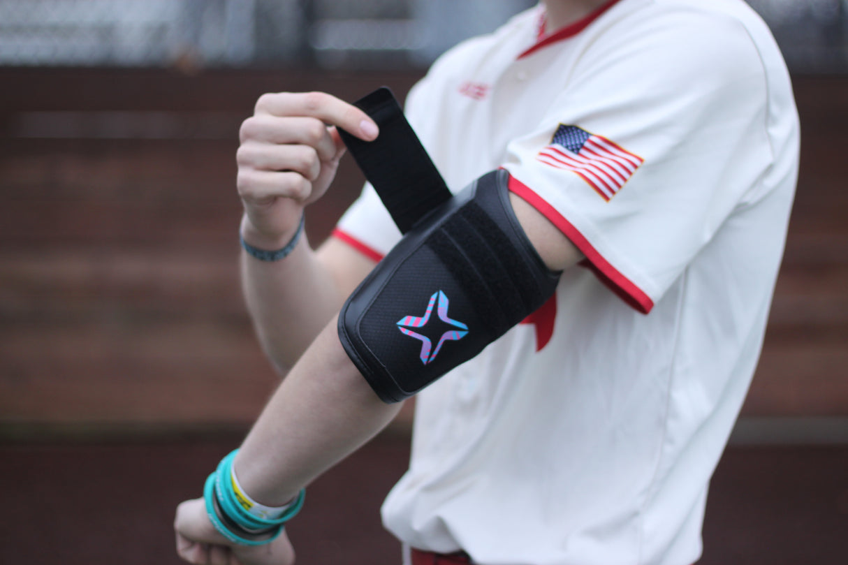 Axe Armor Elbow Guard, Cotton Candy, worn.