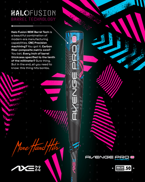 Axe Avenge Pro 3 Hybrid BBCOR Baseball Bat, Halo Fusion Barrel Tech diagram.
