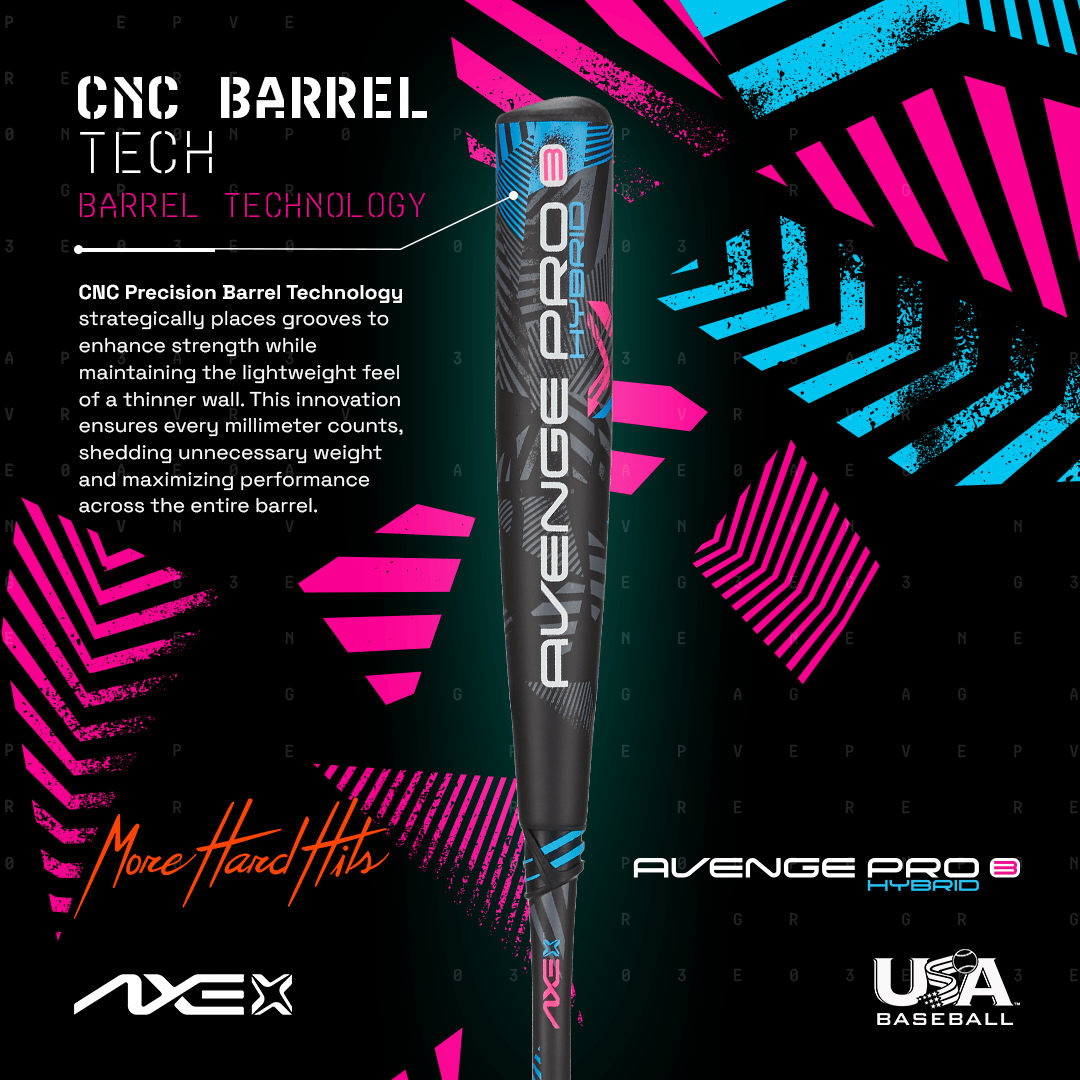 Axe Avenge Pro 3 Hybrid USA Baseball Bat, CNC Barrel Tech diagram.
