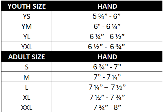 Axe Batting Gloves, size guide.
