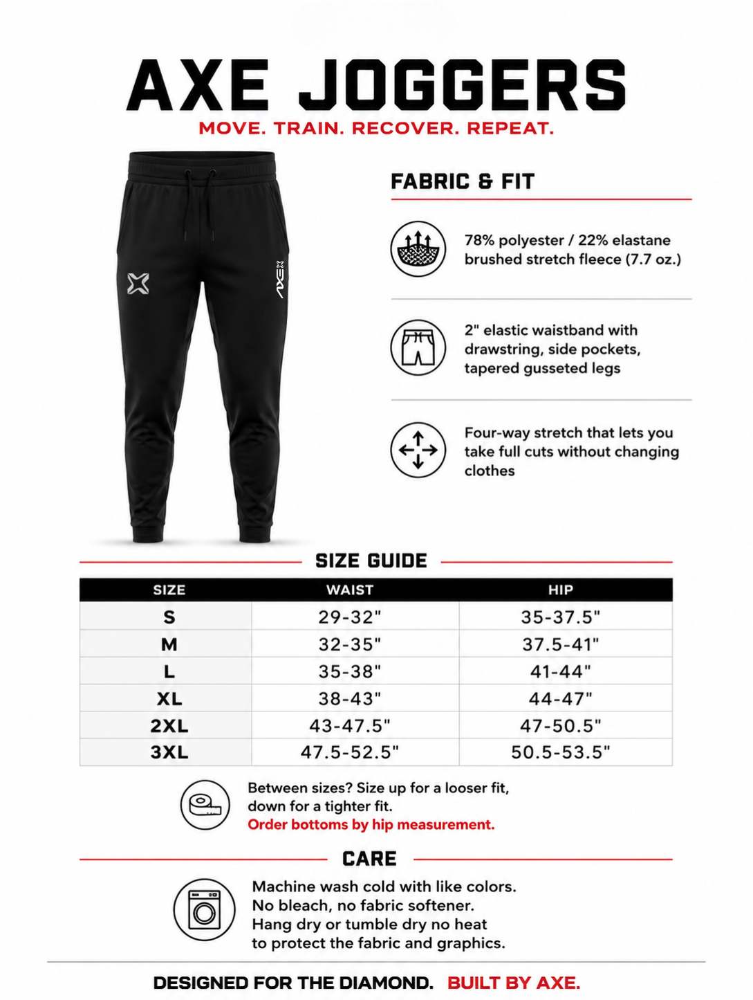 Adult sizing guide for the black Axe Joggers, with a waist and hip size chart plus fabric and care details.