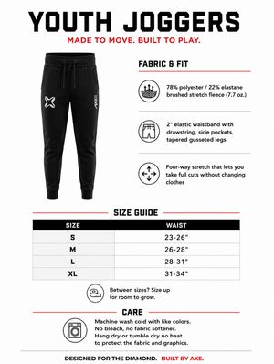 Youth sizing guide for the black Axe Joggers, with a waist size chart from Youth Small to Youth XL plus fabric and care details.