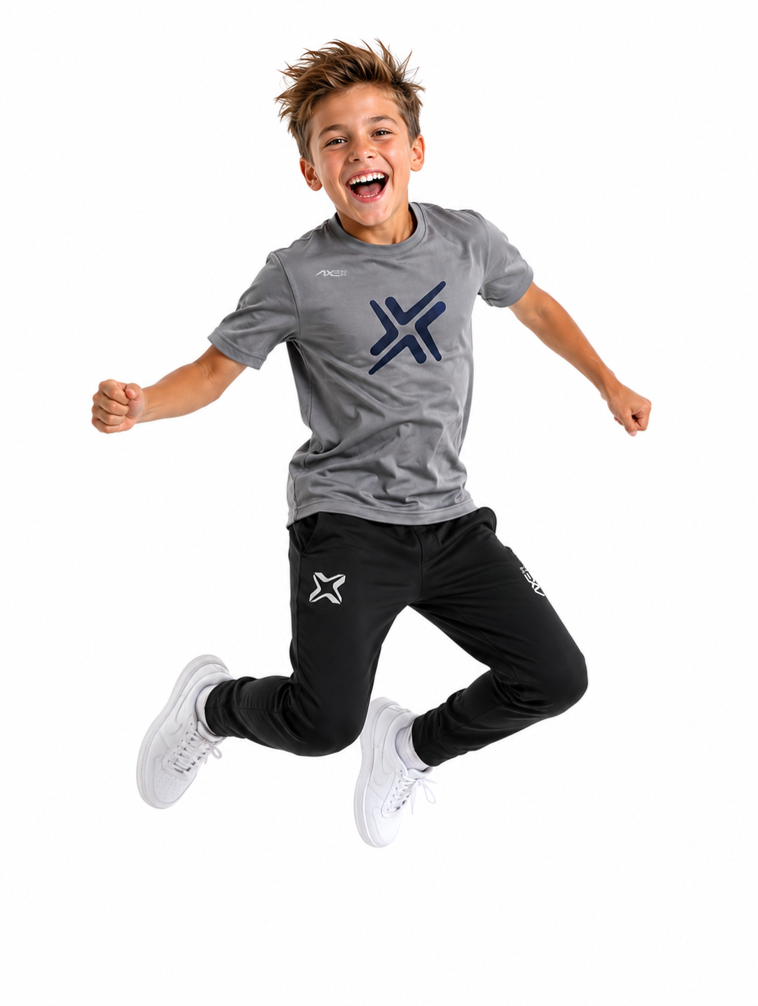 Young ballplayer jumping in black youth Axe Joggers with the white Axe X mark at the left thigh, paired with a gray G1 Axe performance tee.