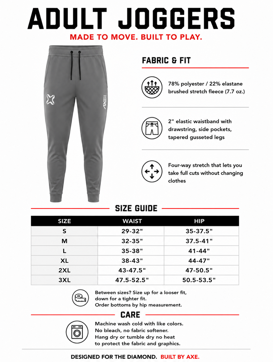 Adult sizing guide for the gray Axe Joggers, with a waist and hip size chart plus fabric and care details.