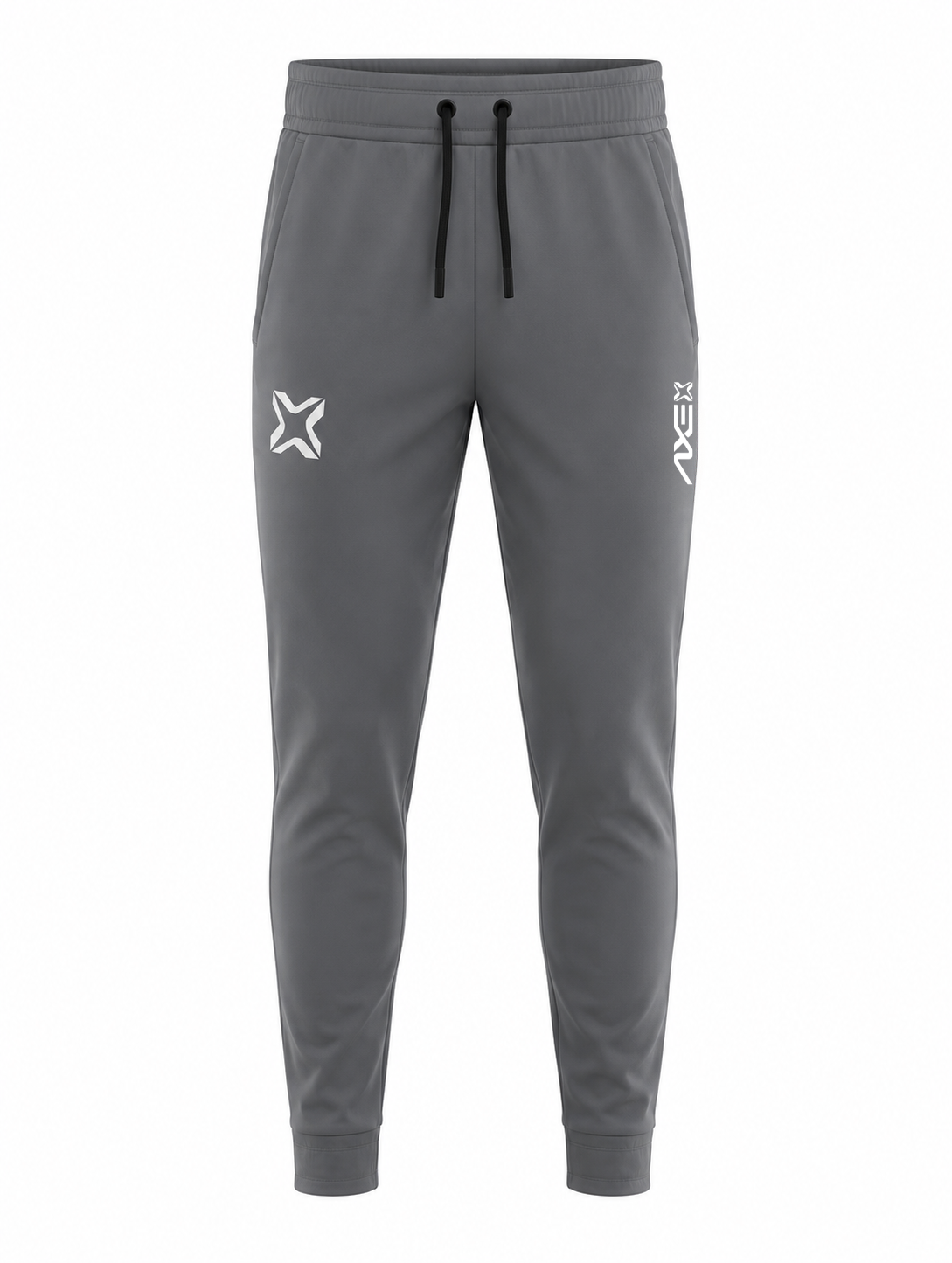 Gray youth Axe Joggers shown flat, with the white Axe X mark at the left thigh, the vertical AXE lockup at the right thigh and black drawstrings.