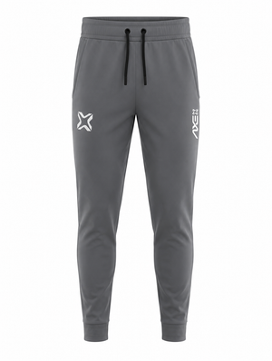 Gray youth Axe Joggers shown flat, with the white Axe X mark at the left thigh, the vertical AXE lockup at the right thigh and black drawstrings.