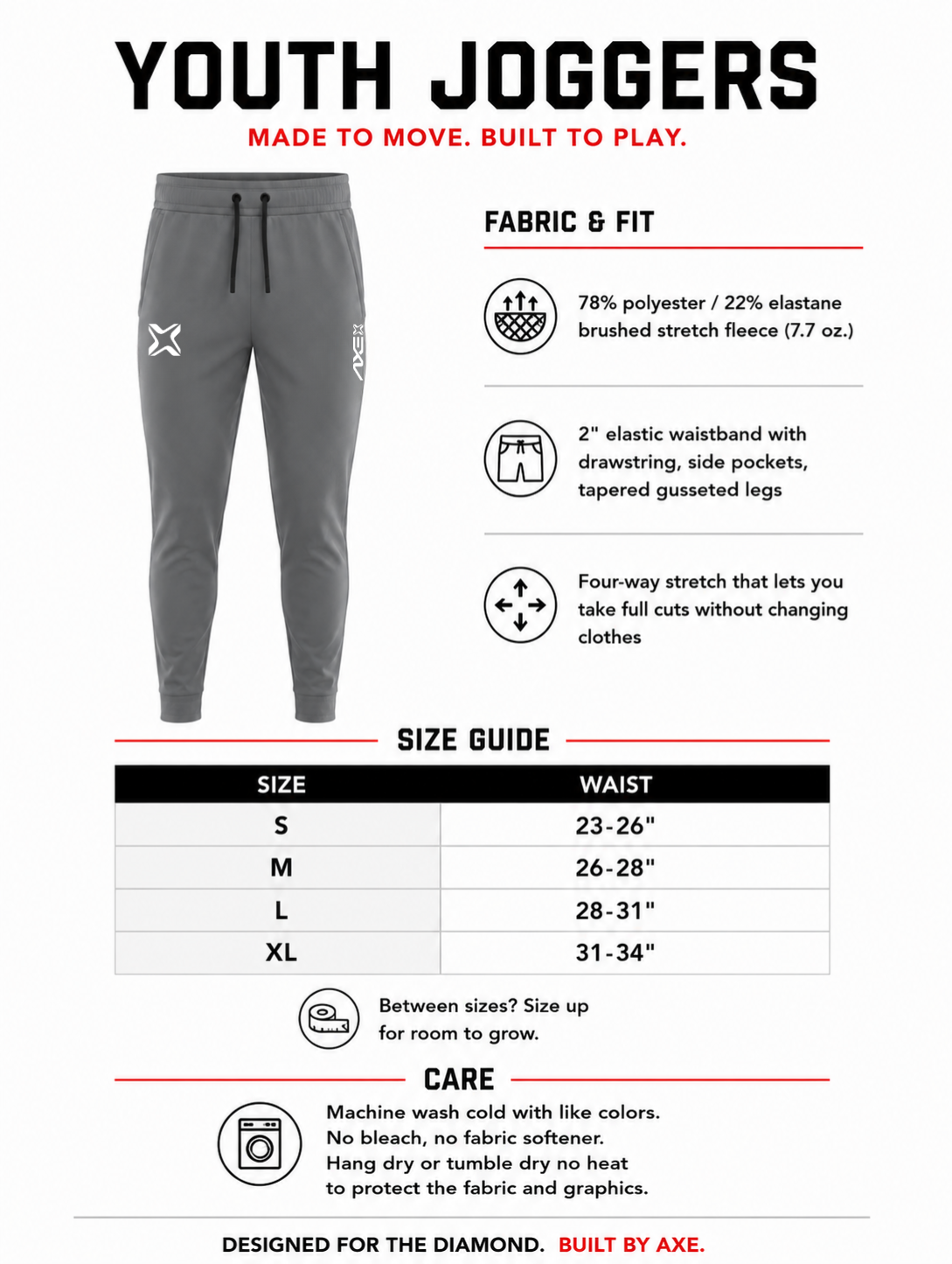 Youth sizing guide for the gray Axe Joggers, with a waist size chart from Youth Small to Youth XL plus fabric and care details.
