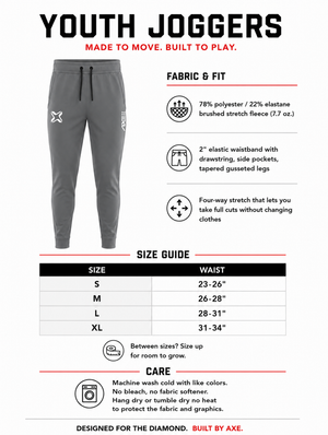 Youth sizing guide for the gray Axe Joggers, with a waist size chart from Youth Small to Youth XL plus fabric and care details.