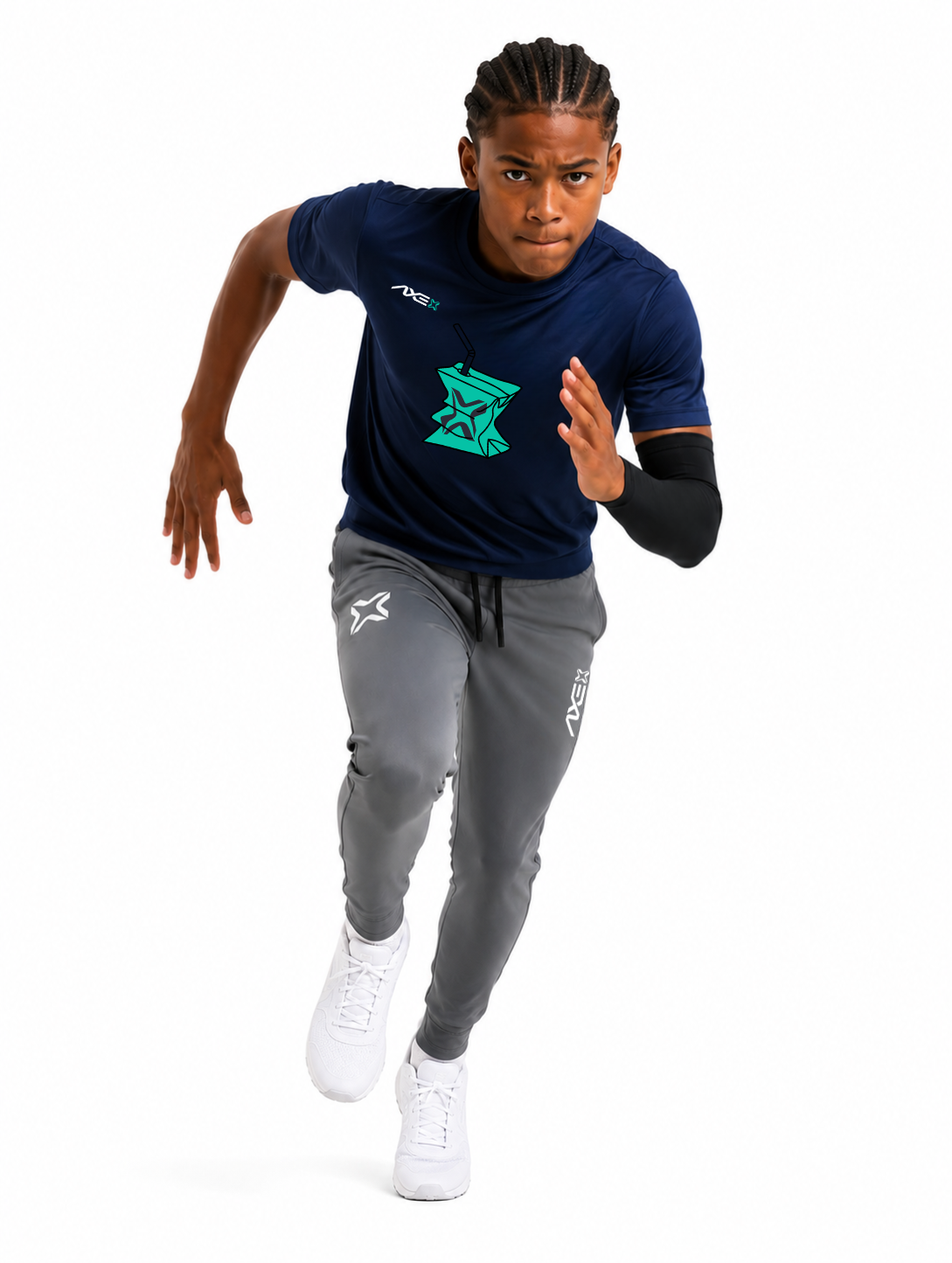Young ballplayer running in gray youth Axe Joggers with the white Axe X mark at the left thigh, paired with a navy Hit Juice Axe performance tee.