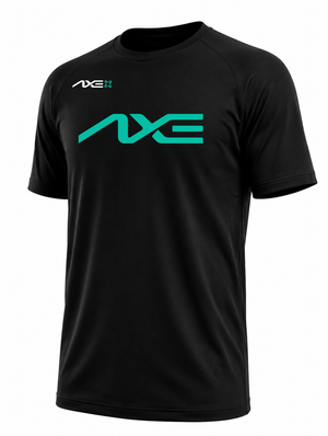Black Axe Performance Tee shown flat, with the teal AXE logo on the chest and a smaller AXE lockup at the right shoulder.