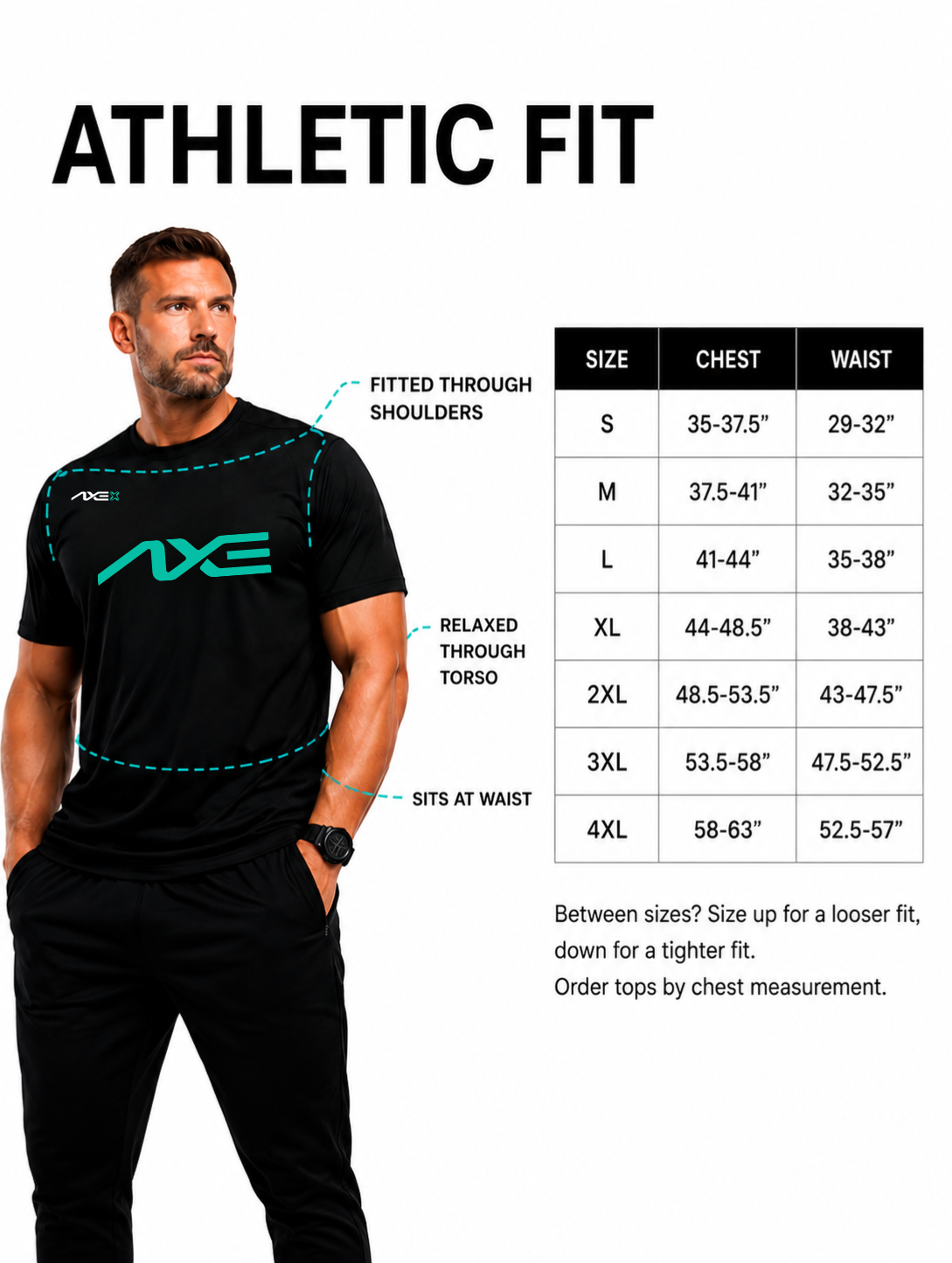 Adult sizing guide for the black Axe Performance Tee, with a chest and waist size chart from Small to 3XL plus fabric and care details.