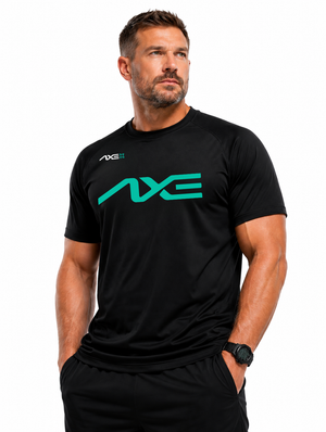 Man wearing the black Axe Performance Tee with the teal AXE logo across the chest and the AXE lockup at the right shoulder, paired with black training shorts.