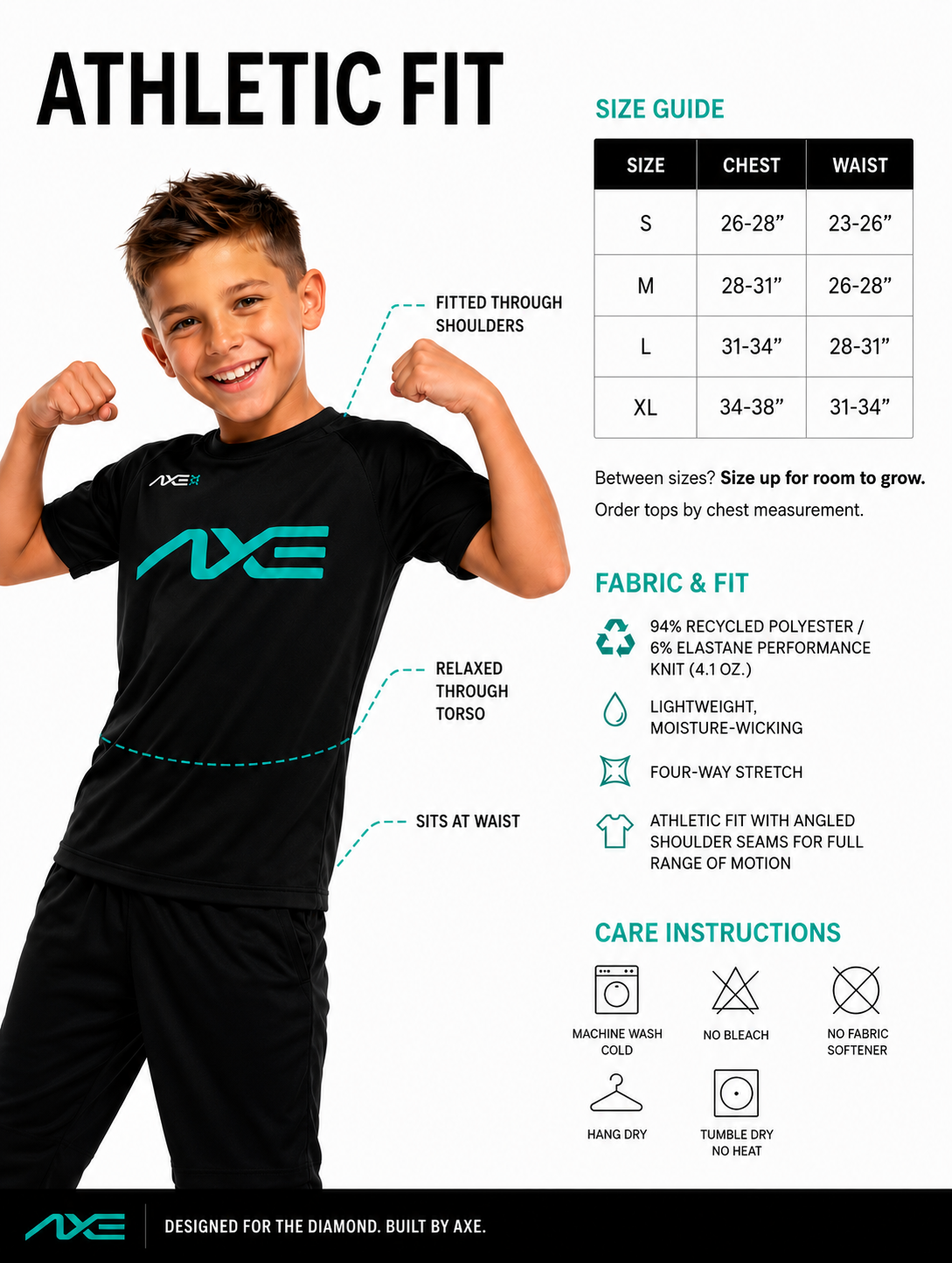 Youth sizing guide for the black Axe Performance Tee, with a chest size chart from Youth Small to Youth XL plus fabric and care details.