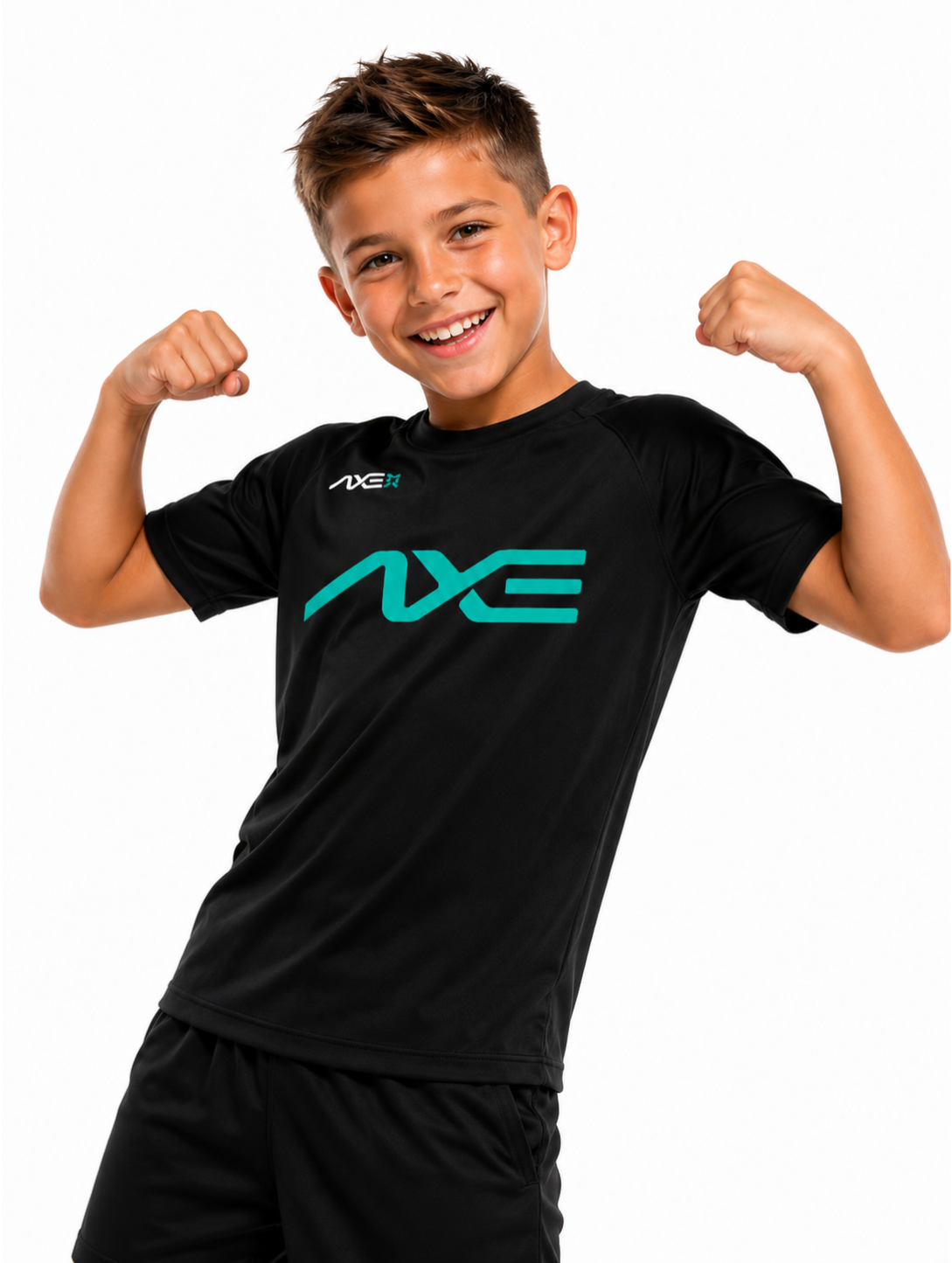 Young ballplayer wearing the black youth Axe Performance Tee with the teal AXE logo across the chest.