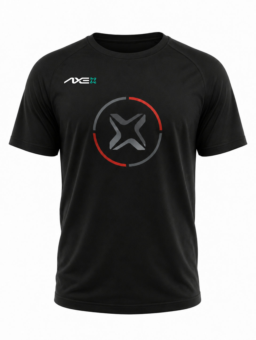 Black Fury Bravo Axe Performance Tee shown flat, with the charcoal Axe X emblem ringed in red and gray on the chest and the AXE lockup at the right chest.