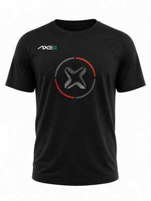 Black Fury Bravo Axe Performance Tee shown flat, with the charcoal Axe X emblem ringed in red and gray on the chest and the AXE lockup at the right chest.
