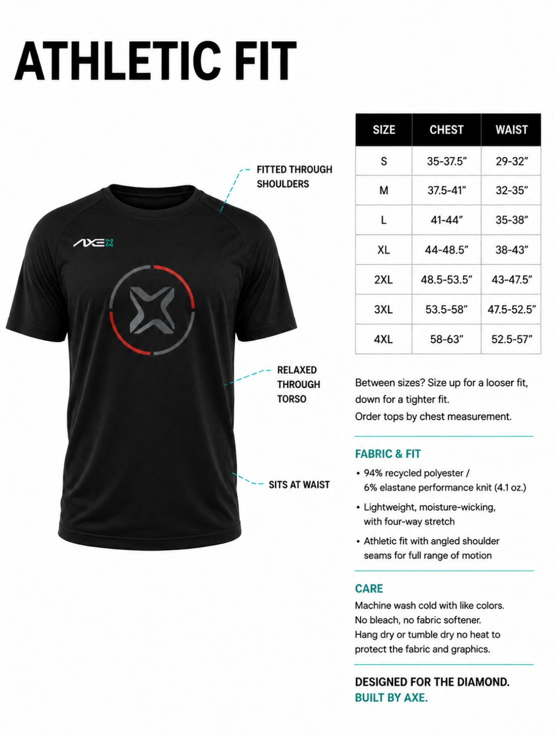 Adult sizing guide for the black Fury Bravo Axe Performance Tee, with a chest and waist size chart plus fabric and care details.
