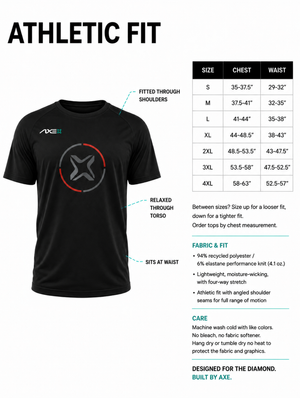 Adult sizing guide for the black Fury Bravo Axe Performance Tee, with a chest and waist size chart plus fabric and care details.
