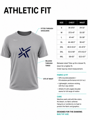 Adult sizing guide for the light gray G1 Axe Performance Tee, with a chest and waist size chart plus fabric and care details.