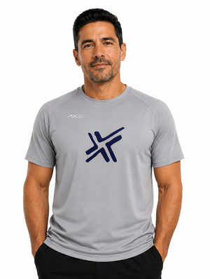 Man wearing the light gray G1 Axe Performance Tee with the navy Axe X mark on the chest.
