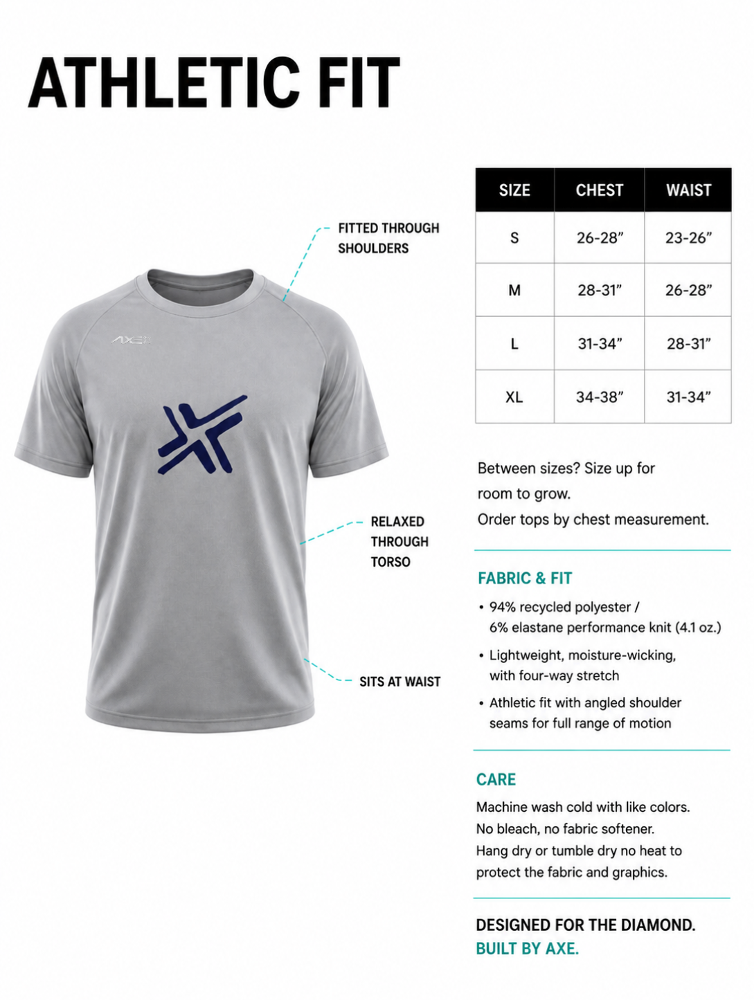 Youth sizing guide for the light gray G1 Axe Performance Tee, with a chest size chart from Youth Small to Youth XL plus fabric and care details.
