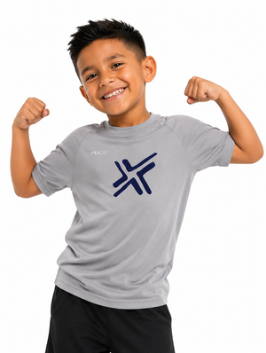 Young ballplayer wearing the light gray youth G1 Axe Performance Tee with the navy Axe X mark on the chest.