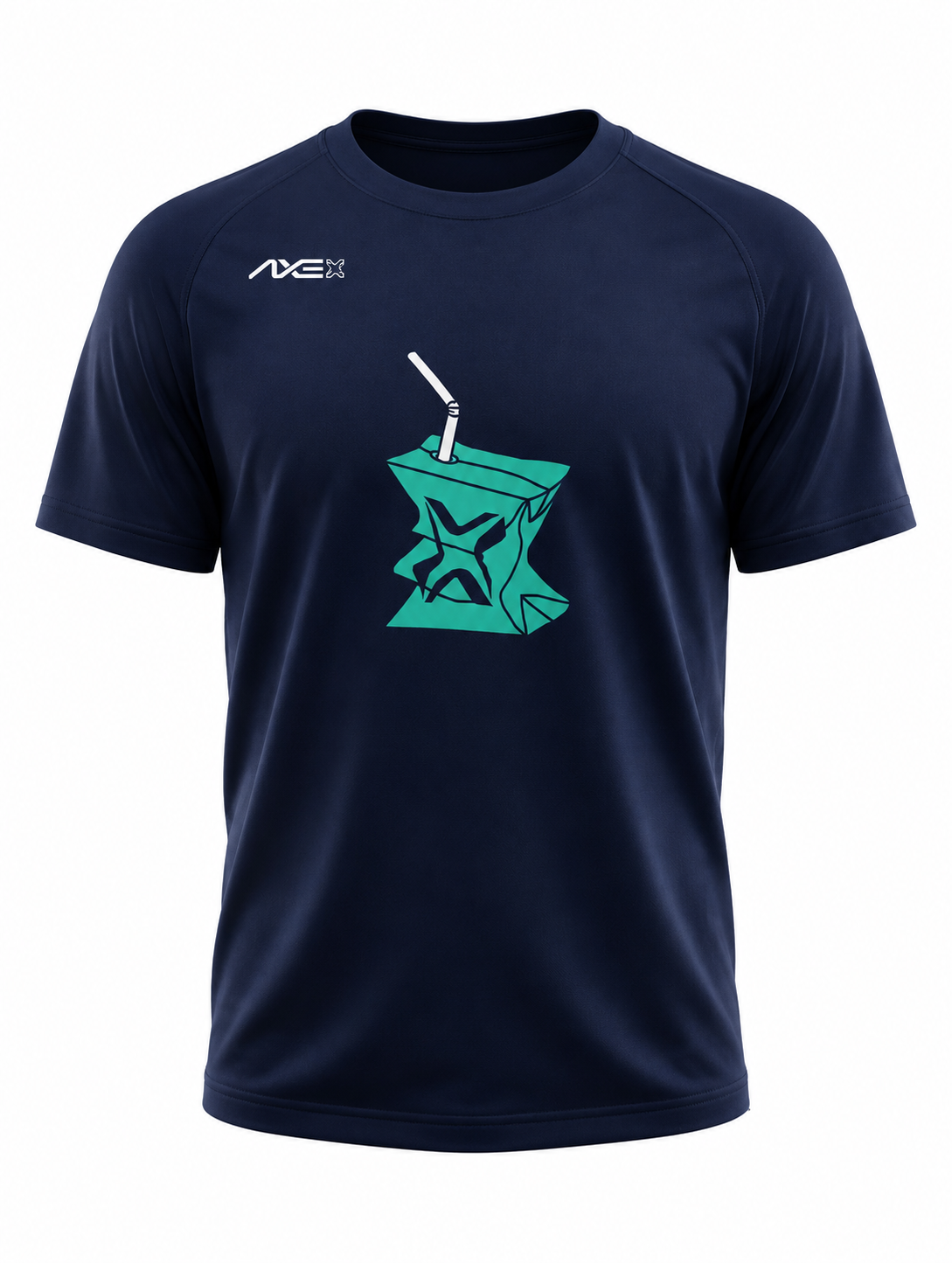 Navy Hit Juice Axe Performance Tee shown flat, with the teal juice box graphic on the chest and the white AXE lockup at the left chest.