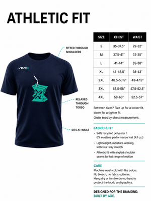 Adult sizing guide for the navy Hit Juice Axe Performance Tee, with a chest and waist size chart plus fabric and care details.