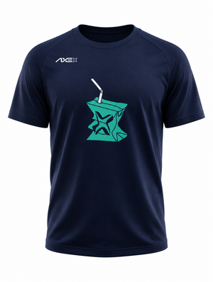 Navy youth Hit Juice Axe Performance Tee shown flat, with the teal juice box graphic on the chest and the white AXE lockup at the left chest.