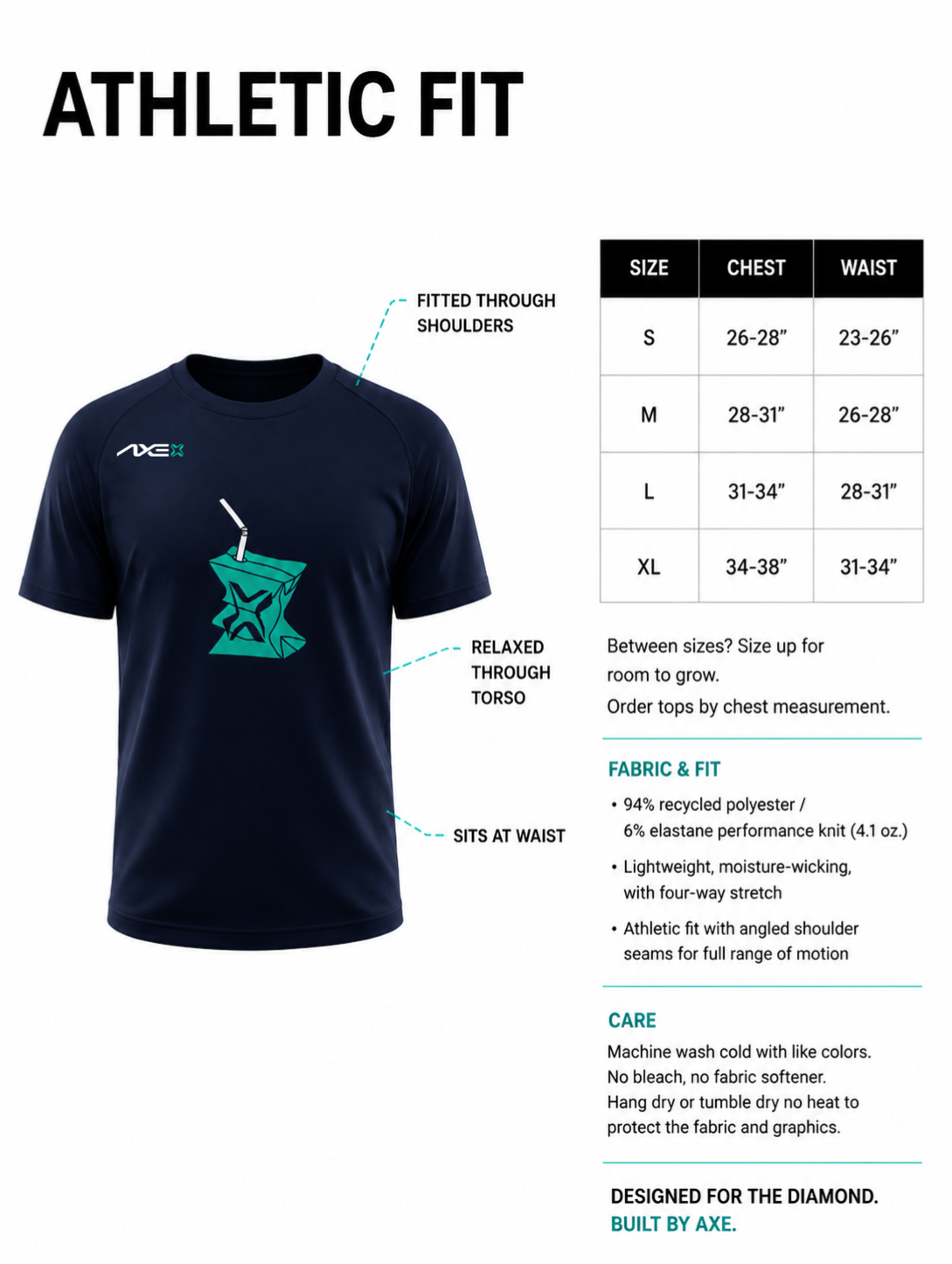 Youth sizing guide for the navy Hit Juice Axe Performance Tee, with a chest size chart from Youth Small to Youth XL plus fabric and care details.