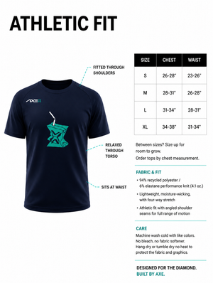 Youth sizing guide for the navy Hit Juice Axe Performance Tee, with a chest size chart from Youth Small to Youth XL plus fabric and care details.