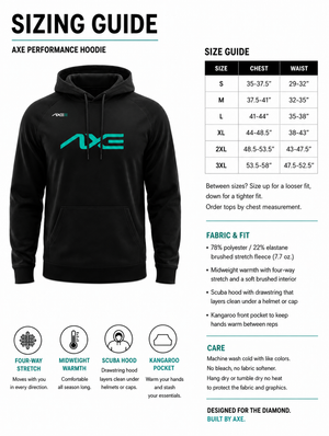 Adult sizing guide for the black Axe Scuba Hoodie, with a chest and waist size chart plus fabric and care details.
