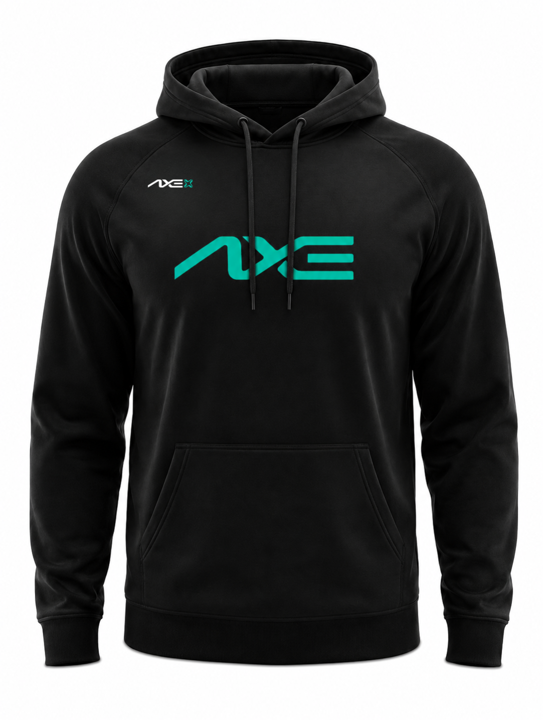 Black youth Axe Scuba Hoodie shown flat, with the teal AXE logo across the chest.