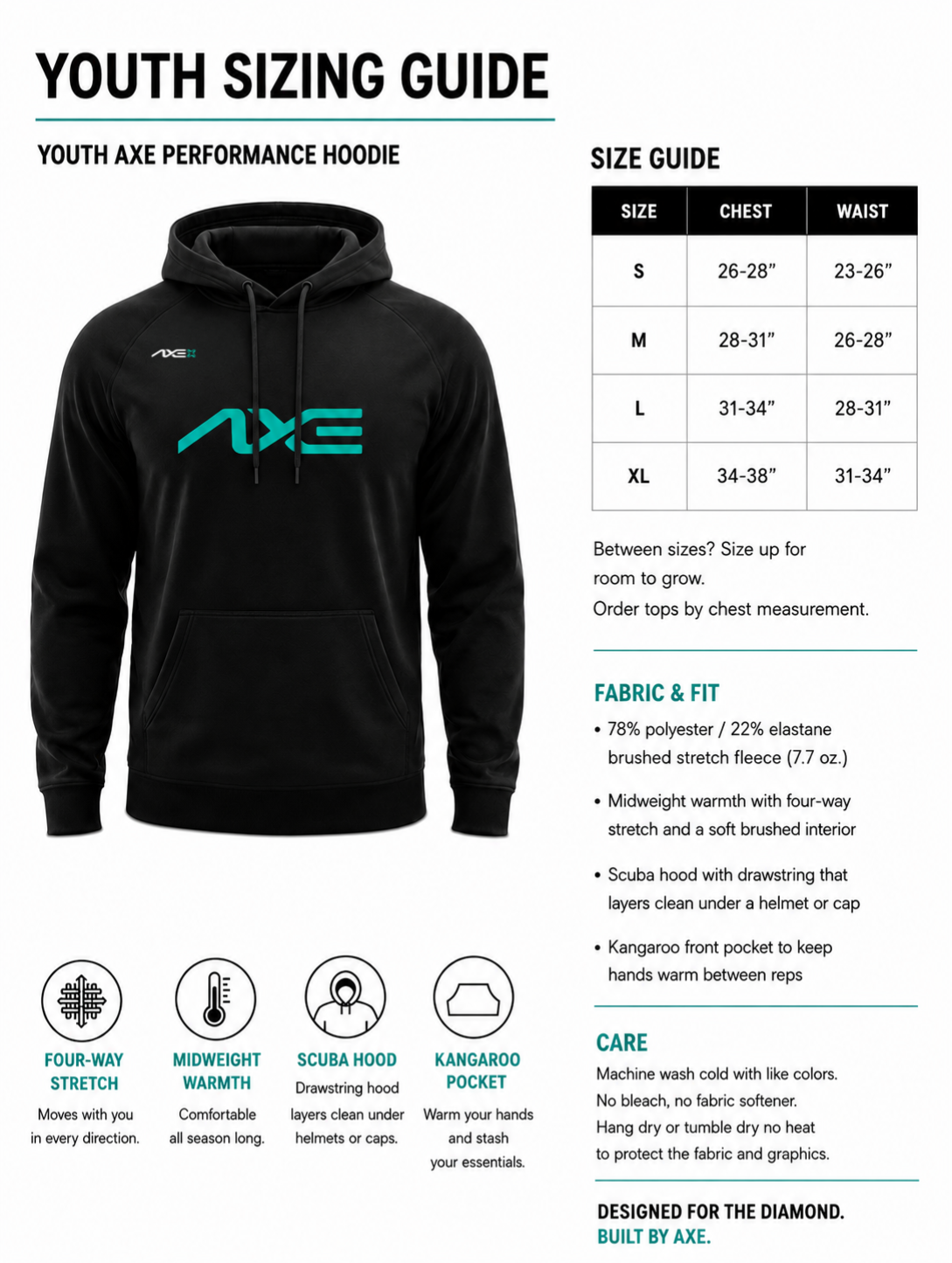 Youth sizing guide for the black Axe Scuba Hoodie, with a chest size chart from Youth Small to Youth XL plus fabric and care details.