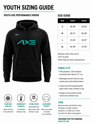 Youth sizing guide for the black Axe Scuba Hoodie, with a chest size chart from Youth Small to Youth XL plus fabric and care details.