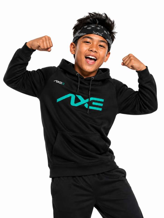Young ballplayer wearing the black youth Axe Scuba Hoodie with the teal AXE logo across the chest.