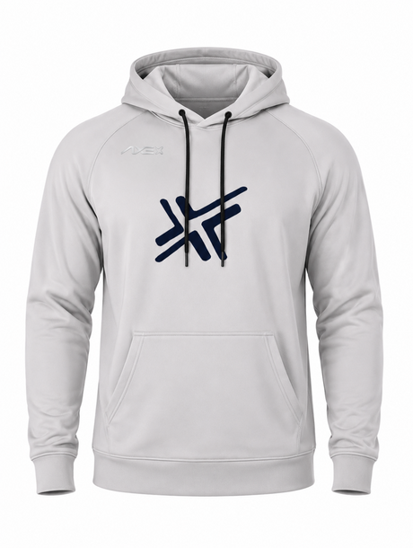 Light gray G1 Axe Scuba Hoodie shown flat, with the navy Axe X mark on the chest, black drawstrings, kangaroo pocket and ribbed cuffs.