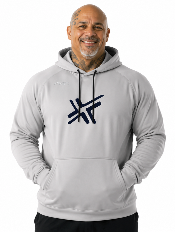 Man wearing the light gray G1 Axe Scuba Hoodie with the navy Axe X mark on the chest.