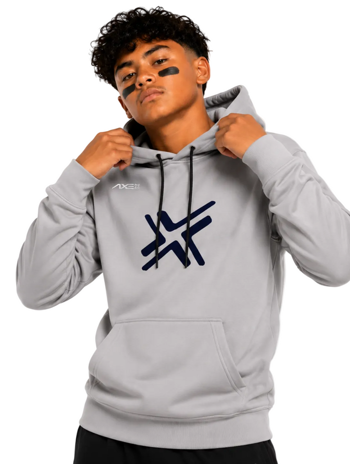 Young ballplayer wearing the light gray youth G1 Axe Scuba Hoodie with the navy Axe X mark on the chest.