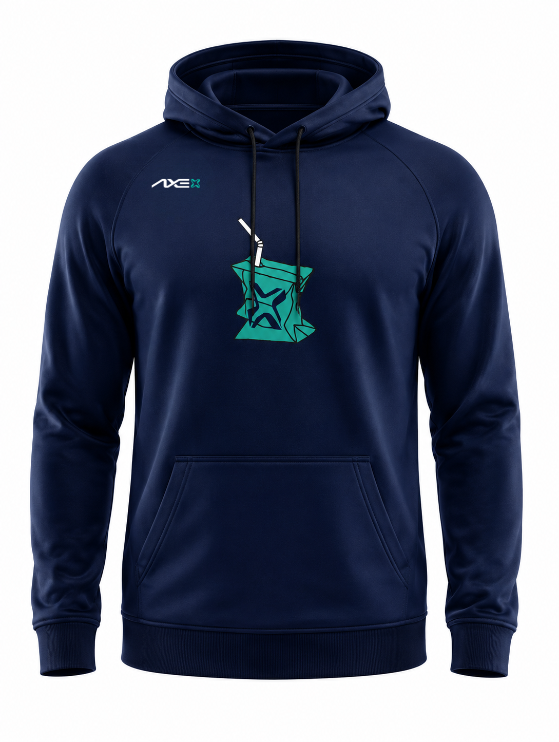 Navy Hit Juice Axe Scuba Hoodie shown flat, with the teal juice box graphic on the chest, drawstring scuba hood and kangaroo pocket.