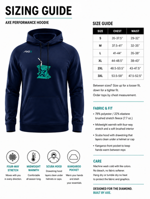 Adult sizing guide for the navy Hit Juice Axe Scuba Hoodie, with a chest and waist size chart plus fabric and care details.