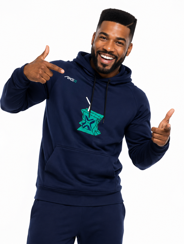 Man wearing the navy Hit Juice Axe Scuba Hoodie with the teal juice box graphic on the chest and the white AXE lockup at the left chest.
