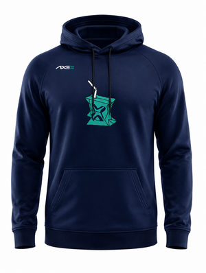 Navy youth Hit Juice Axe Scuba Hoodie shown flat, with the teal juice box graphic on the chest, drawstring scuba hood and kangaroo pocket.
