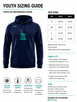 Youth sizing guide for the navy Hit Juice Axe Scuba Hoodie, with a chest size chart from Youth Small to Youth XL plus fabric and care details.